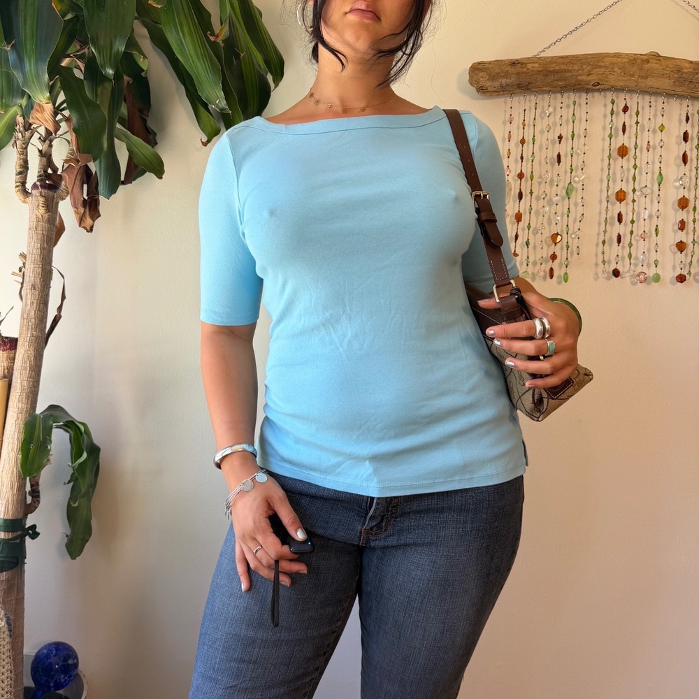 Talbots Stretch Weekend Tee Baby Blue Boat Neck 60s Mod Style Cotton Top Twee M